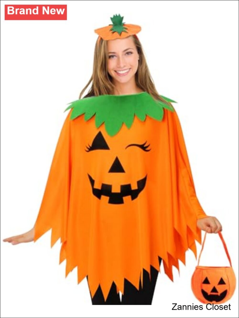 ✨ 3 PCS Pumpkin Costume Set for Women Adult Halloween Poncho Headband Candy Bag